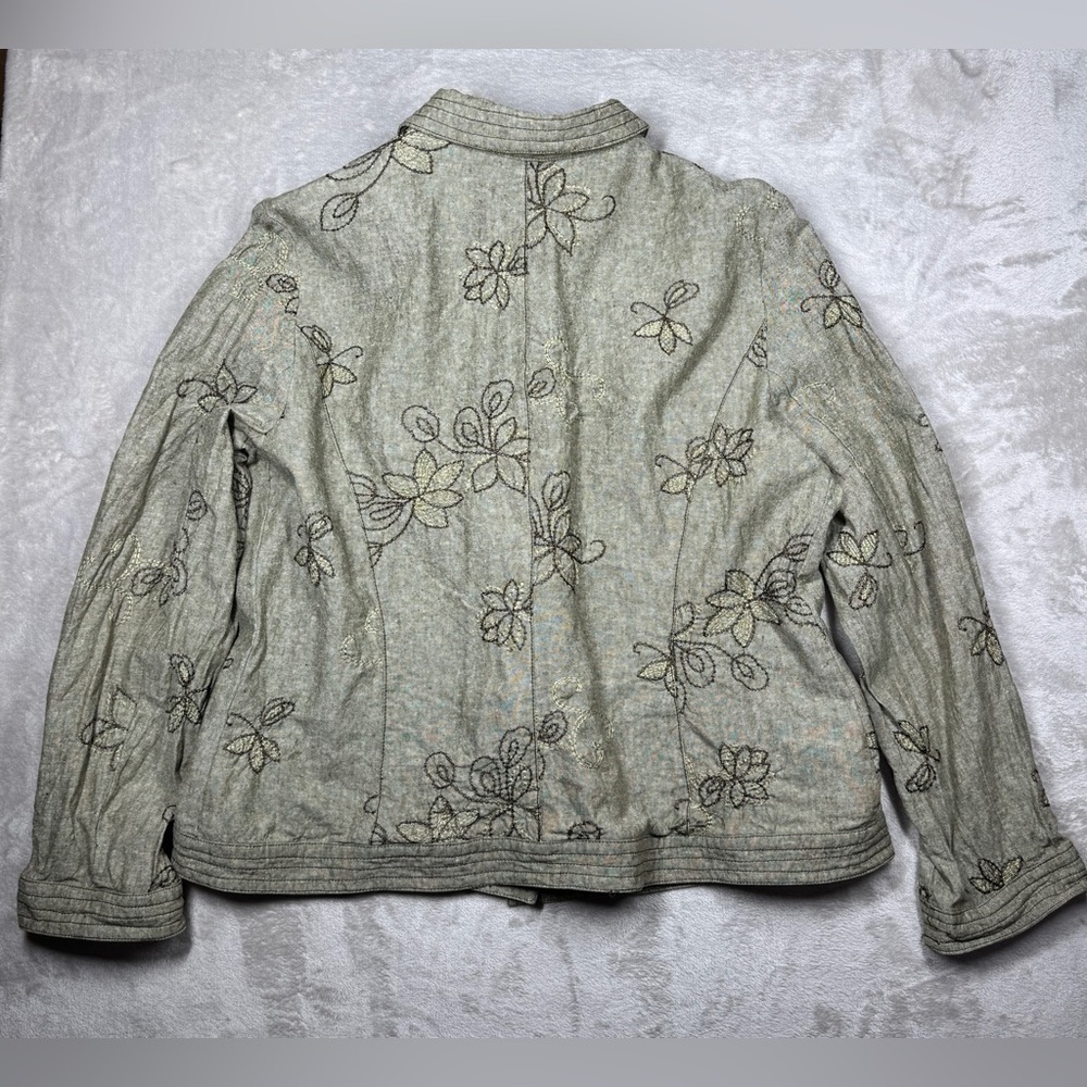 Vintage 90s Requirements Linen Cotton Blend Green Floral Embroidered Jacket XL - Picture 13 of 16